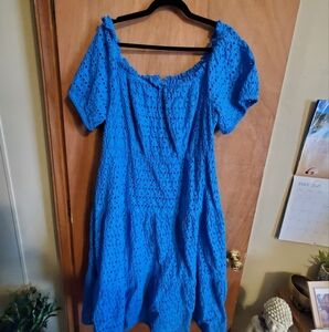 Lane Bryant 18 Blue Eyelet Tiered Maxi Roubd Neck Off Shoulder. Dress
